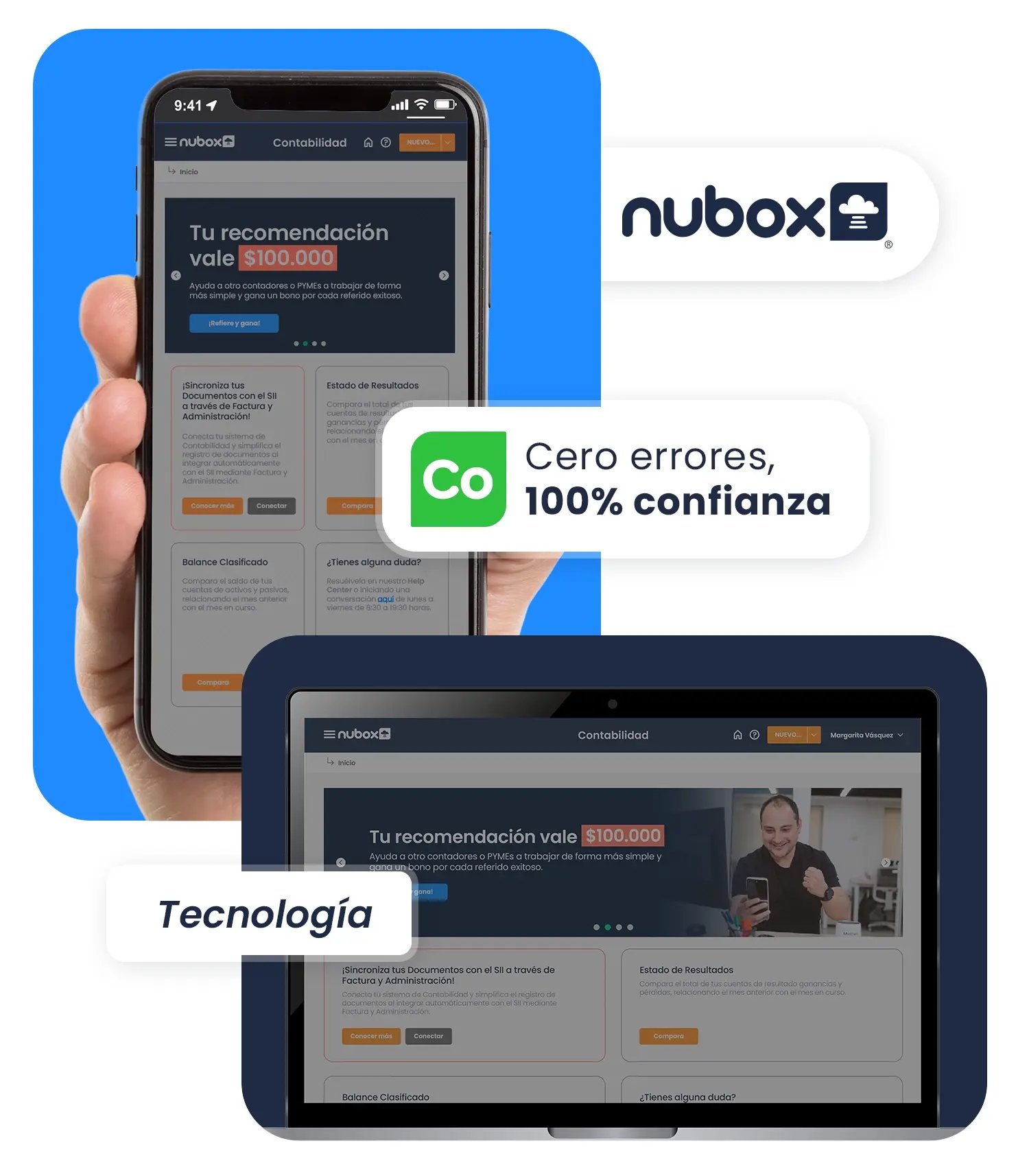 Interfaz de Nubox mostrada en un smartphone y un computador, destacando funcionalidades de contabilidad automatizada, con mensajes como “Cero errores, 100% confianza” y enfoque en tecnología y gestión eficiente.