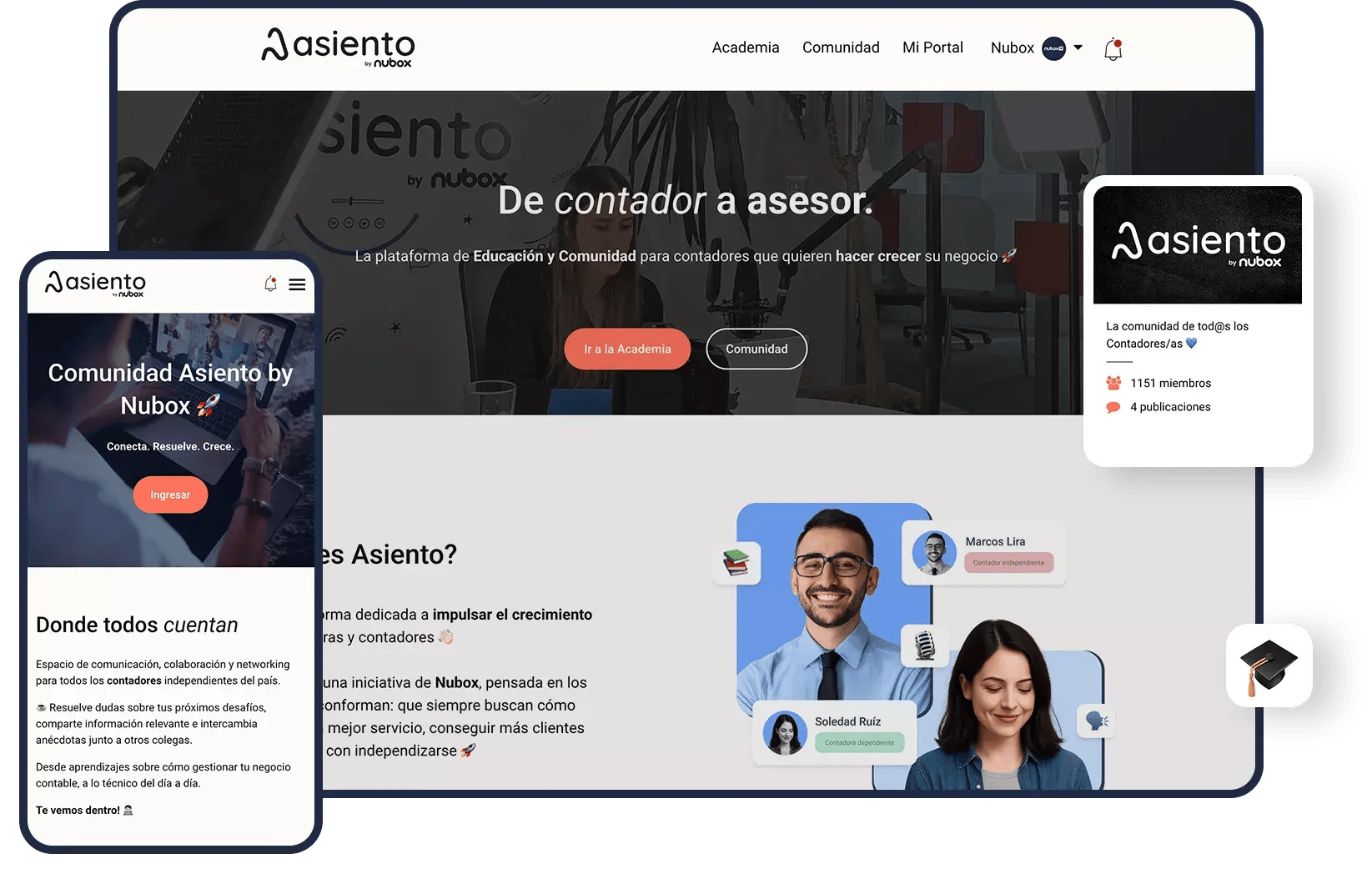 Vista del sitio web y versión móvil de Asiento by Nubox, plataforma de educación y comunidad para contadores. Incluye botones de acceso a la Academia y Comunidad, y ejemplos de miembros destacados.