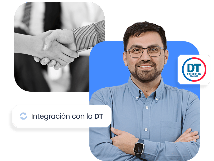 Profesional sonriente con brazos cruzados sobre fondo azul, junto a icono de la Dirección del Trabajo. Imagen secundaria de apretón de manos y texto: “Integración con la DT”.