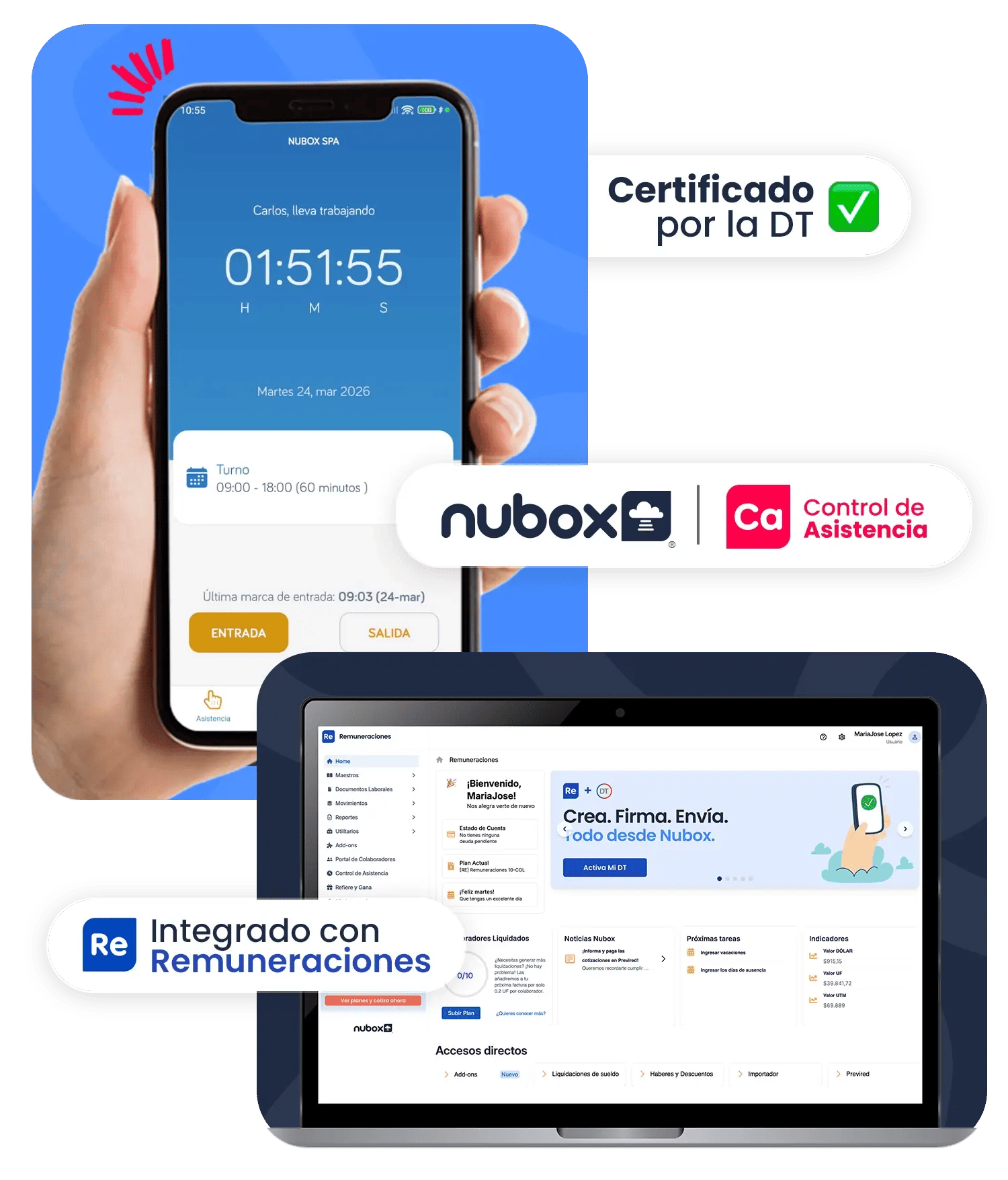 Persona sosteniendo smartphone con app de control de asistencia mostrando horas trabajadas, turno y marcación. Incluye certificación DT, integración con remuneraciones y vista de plataforma Nubox en laptop.
