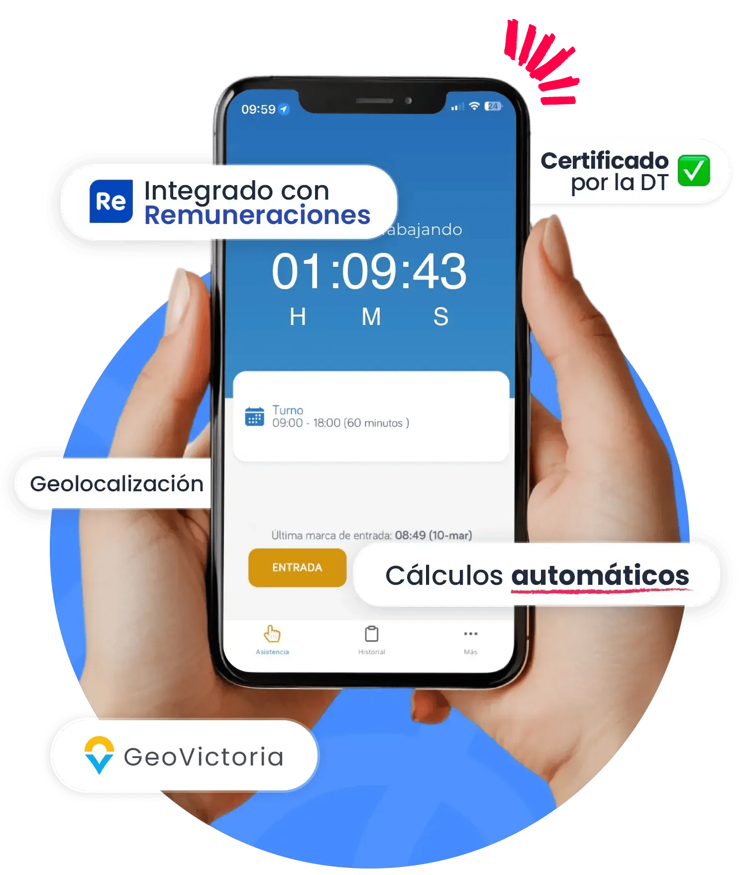 Persona sosteniendo un smartphone con app de control de asistencia mostrando horas trabajadas, turno y botón de entrada. Destacan funciones como geolocalización, cálculos automáticos e integración con remuneraciones.