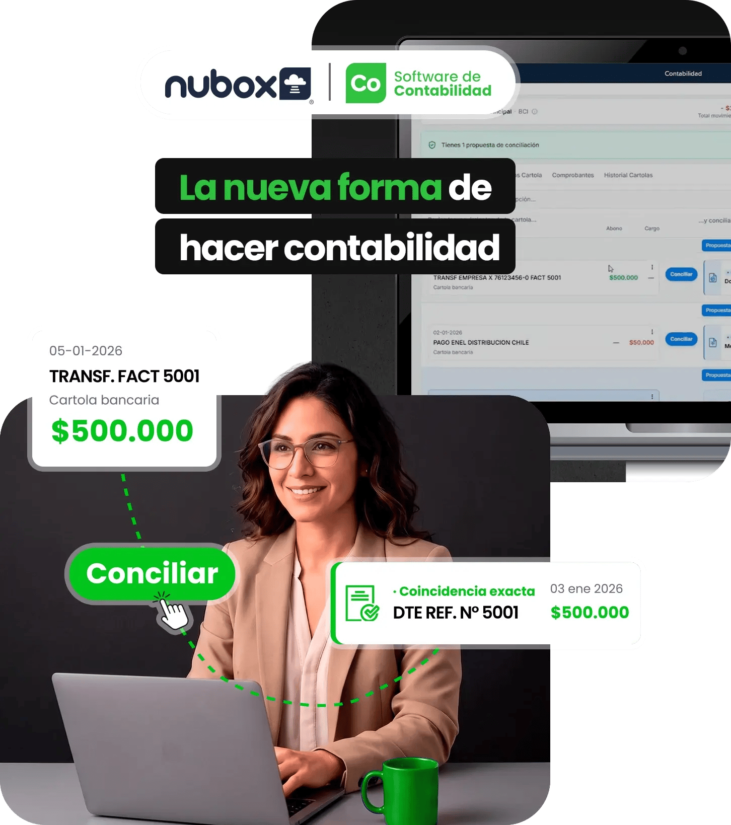 Gráfica promocional de Nubox Contabilidad con una contadora frente a su laptop, mostrando la conciliación bancaria y coincidencias de movimientos por $500.000. mediante una interfaz digital.