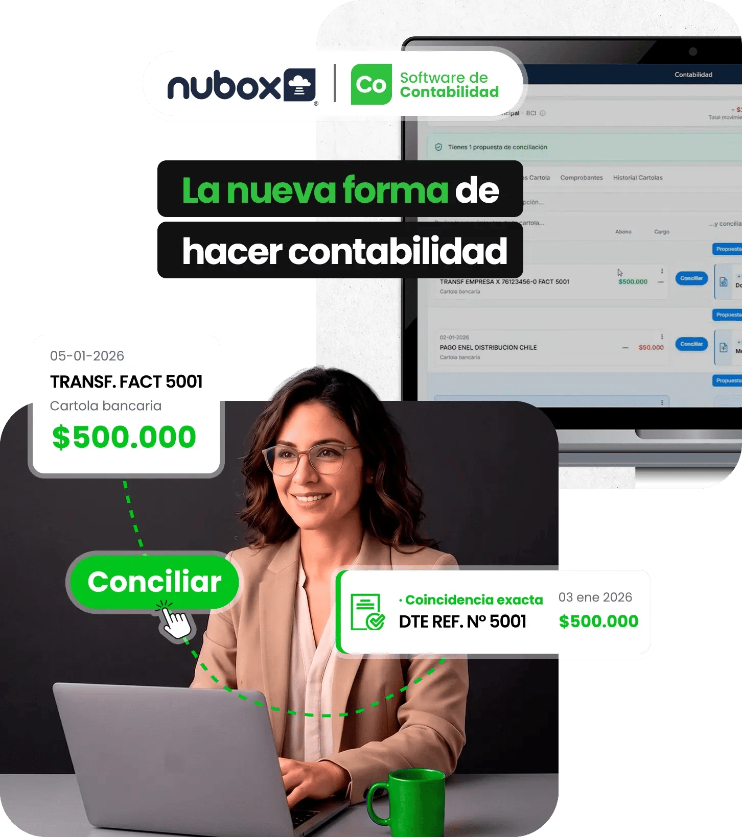Gráfica promocional de Nubox Contabilidad con una contadora frente a su laptop, mostrando la conciliación bancaria y coincidencias de movimientos por $500.000. mediante una interfaz digital.