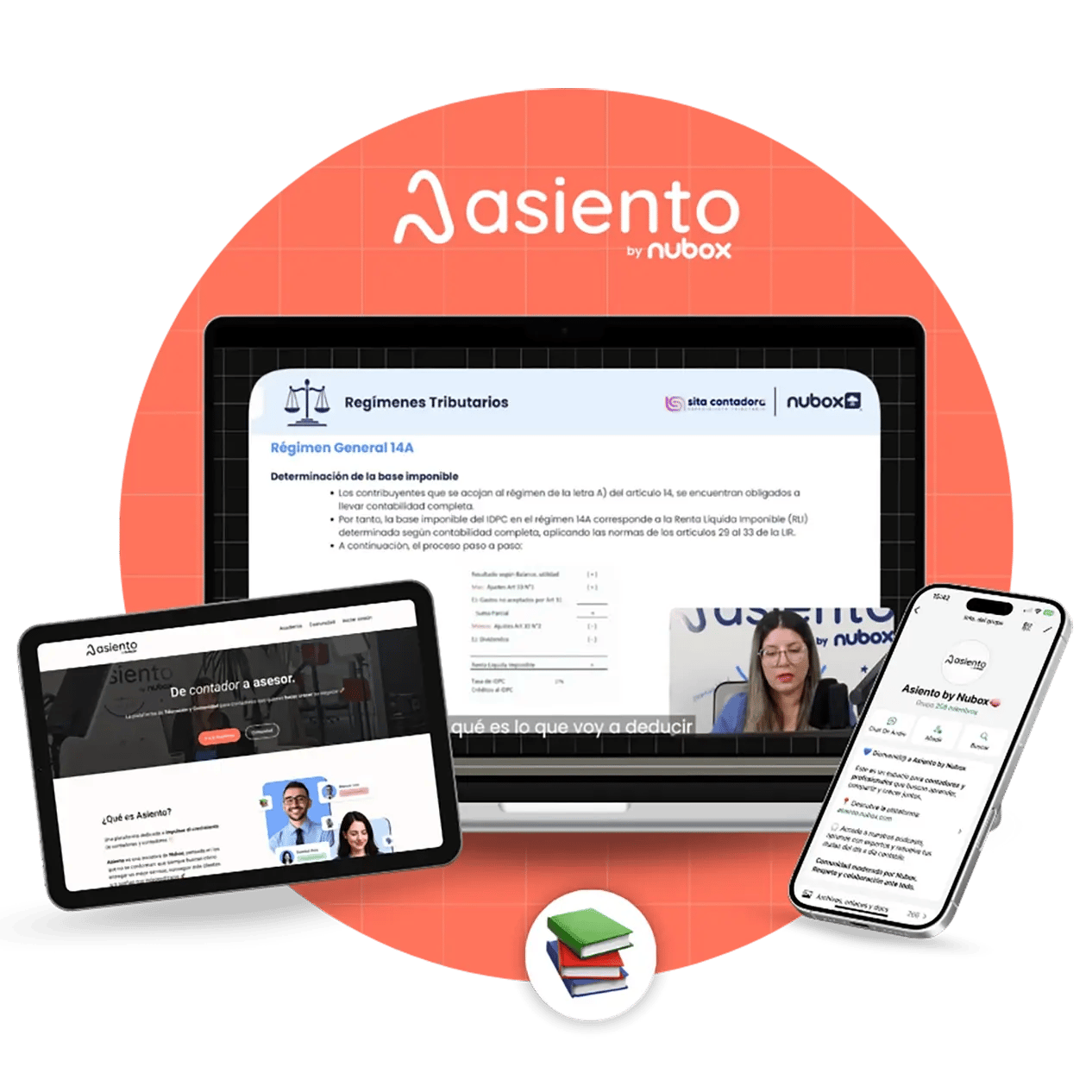 Imagen de Asiento by Nubox con plataforma educativa contable visible en notebook, tablet y smartphone. Muestra contenidos de regímenes tributarios, clases en video y acceso multiplataforma sobre fondo coral.