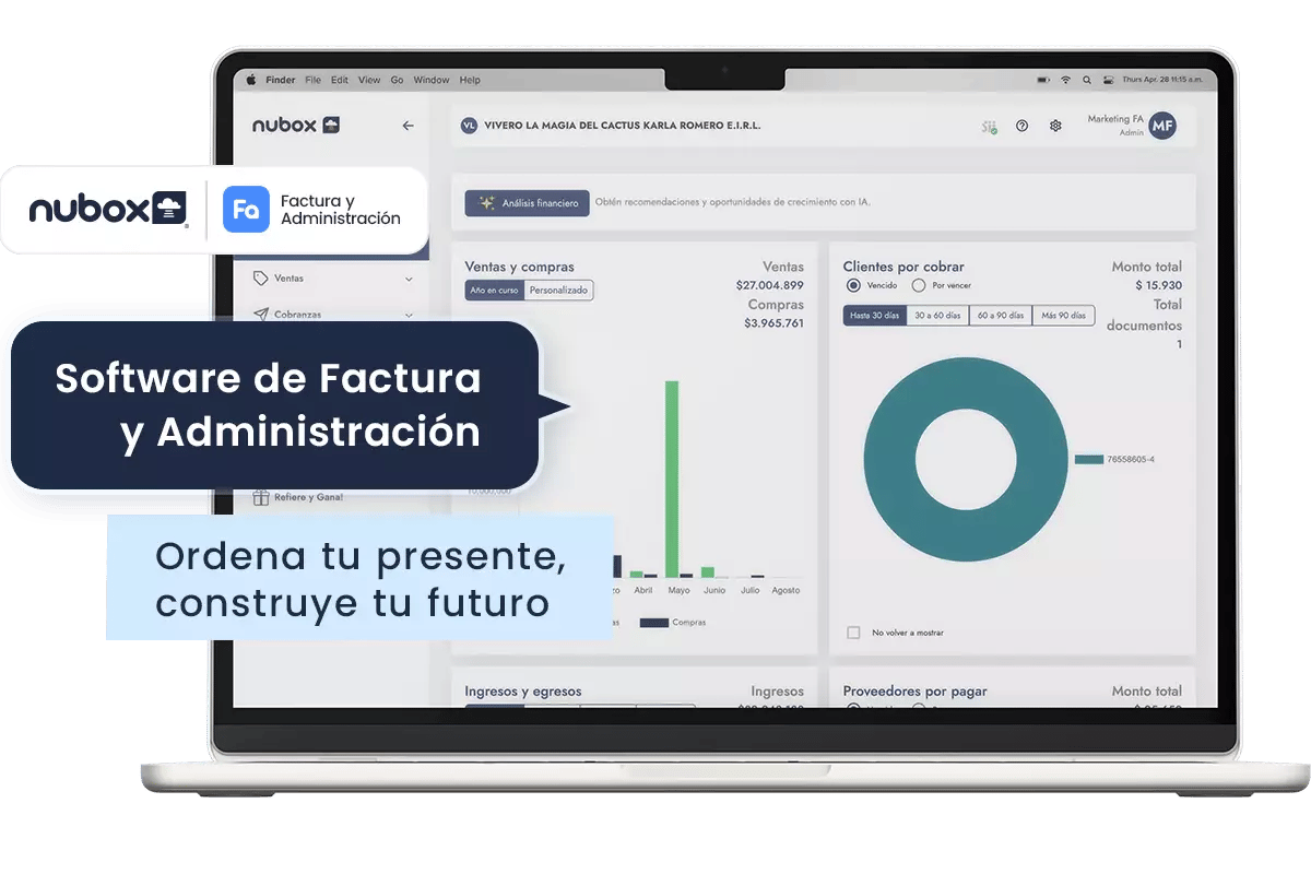 Imagen donde se muestra el software de factura y administración de nubox junto con el logotipo de nubox y del software, acompañado del texto 
