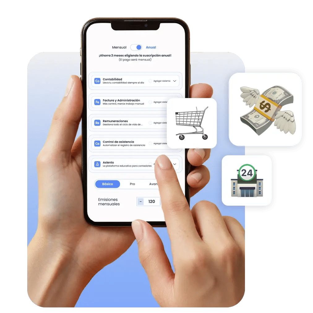 Persona cotizando en su smartphone la plataforma Nubox abierta, seleccionando planes de contabilidad y facturación. Alrededor aparecen íconos de carrito de compras, dinero y atención 24/7, representando gestión digital de negocios.