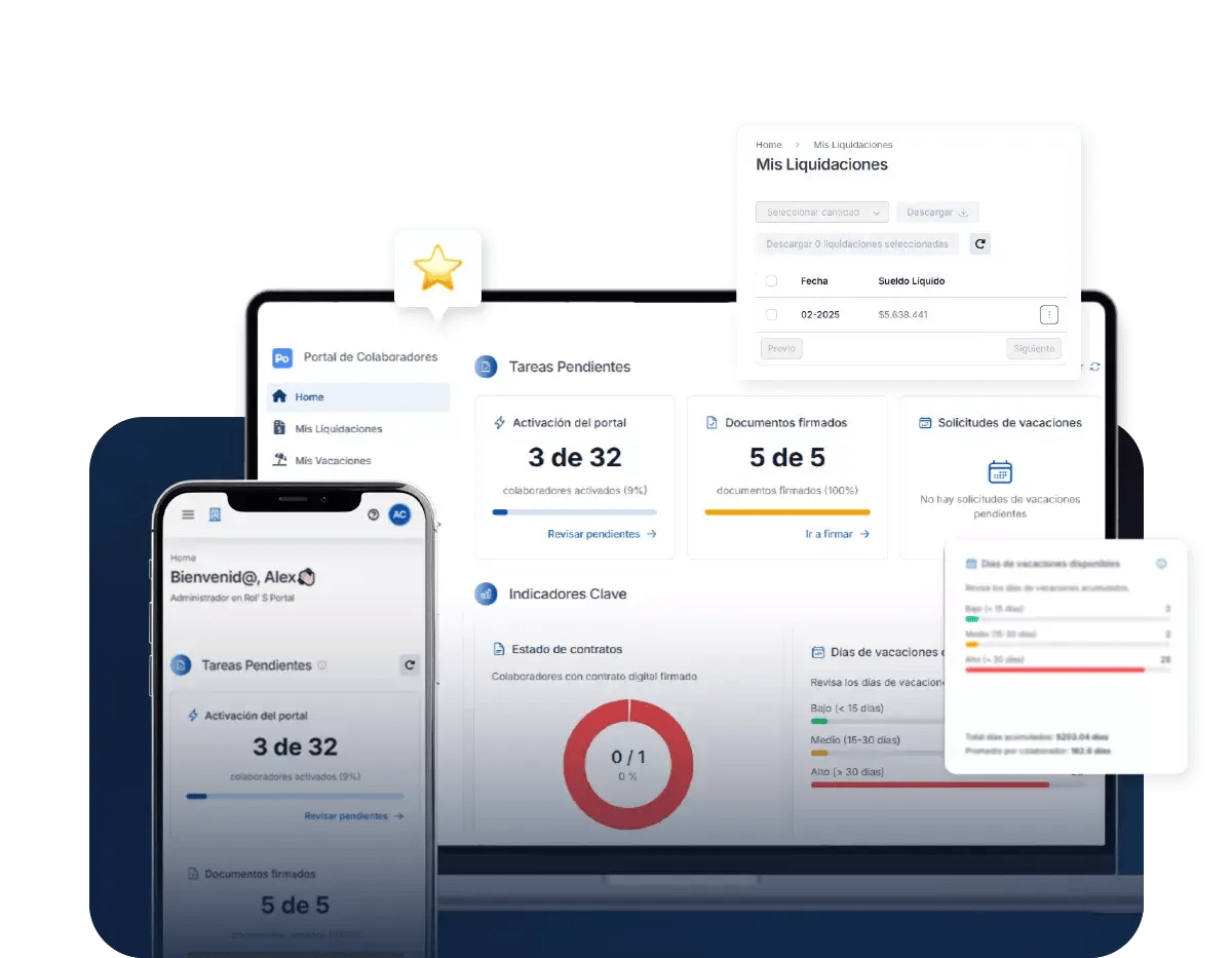 Interfaz del portal de colaboradores de Nubox mostrada en un teléfono móvil y un computador portátil, con paneles de tareas pendientes, liquidaciones y días de vacaciones disponibles, sobre un fondo azul degradado.
