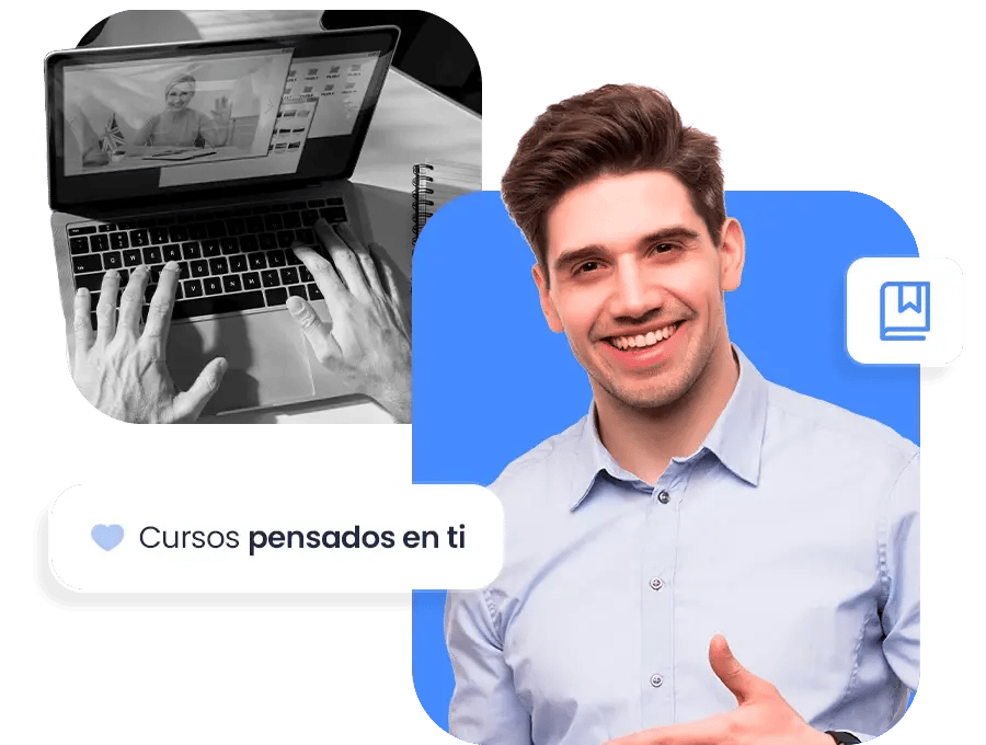 Imagen promocional de cursos online: hombre joven sonriente con camisa celeste sobre fondo azul, junto a una laptop mostrando una videollamada. Mensaje “Cursos pensados en ti”, representando aprendizaje digital personalizado.