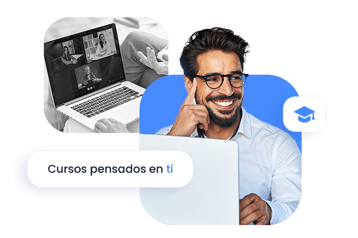 Hombre sonriendo acompañador de una computadora y un texto flotante con iconográfica
