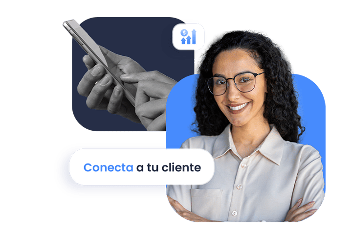 Mujer sonriendo mirando a la carama acompañada de un celular y unas manos junto con un icono y un texto.