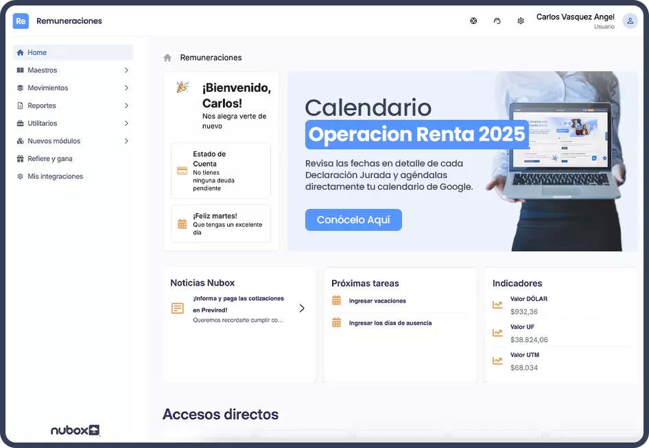 Pantalla del software de Remuneración de nubox.