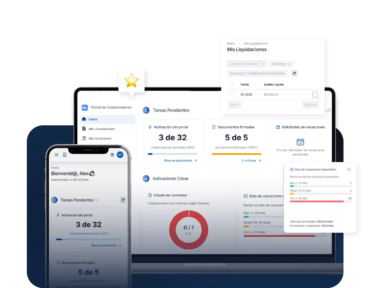 Interfaz del portal de colaboradores de Nubox mostrada en un teléfono móvil y un computador portátil, con paneles de tareas pendientes, liquidaciones y días de vacaciones disponibles, sobre un fondo azul degradado.
