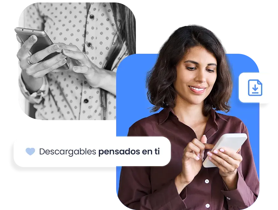Mujer sonriente usando su teléfono móvil, representando el acceso a descargables digitales pensados para el usuario. La imagen transmite facilidad, cercanía y uso simple de recursos digitales desde el celular.