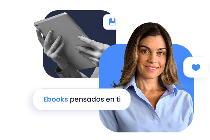 Mujer sonriendo junto con un tables y e iconografía alrededor.