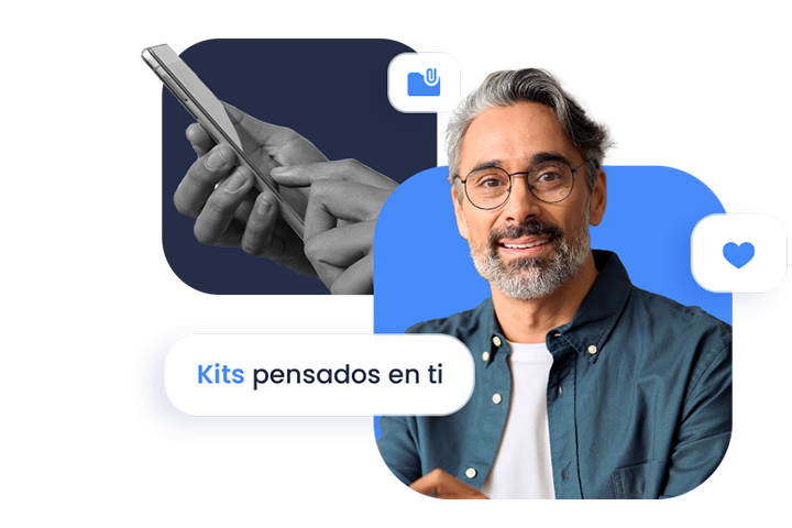 Hombre sonriendo acompañado de un celular iconografía.