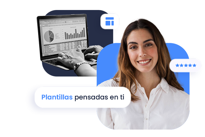 Mujer sonriendo junto a una computadora e iconografía alrededor.