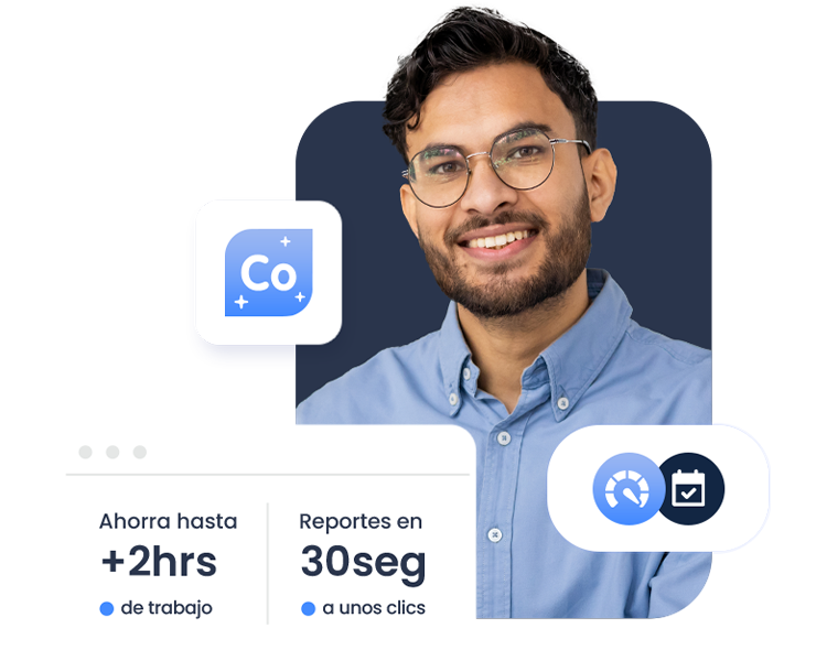 Hombre sonriendo mirando a la cámara acompañador de iconografía a su alrededor